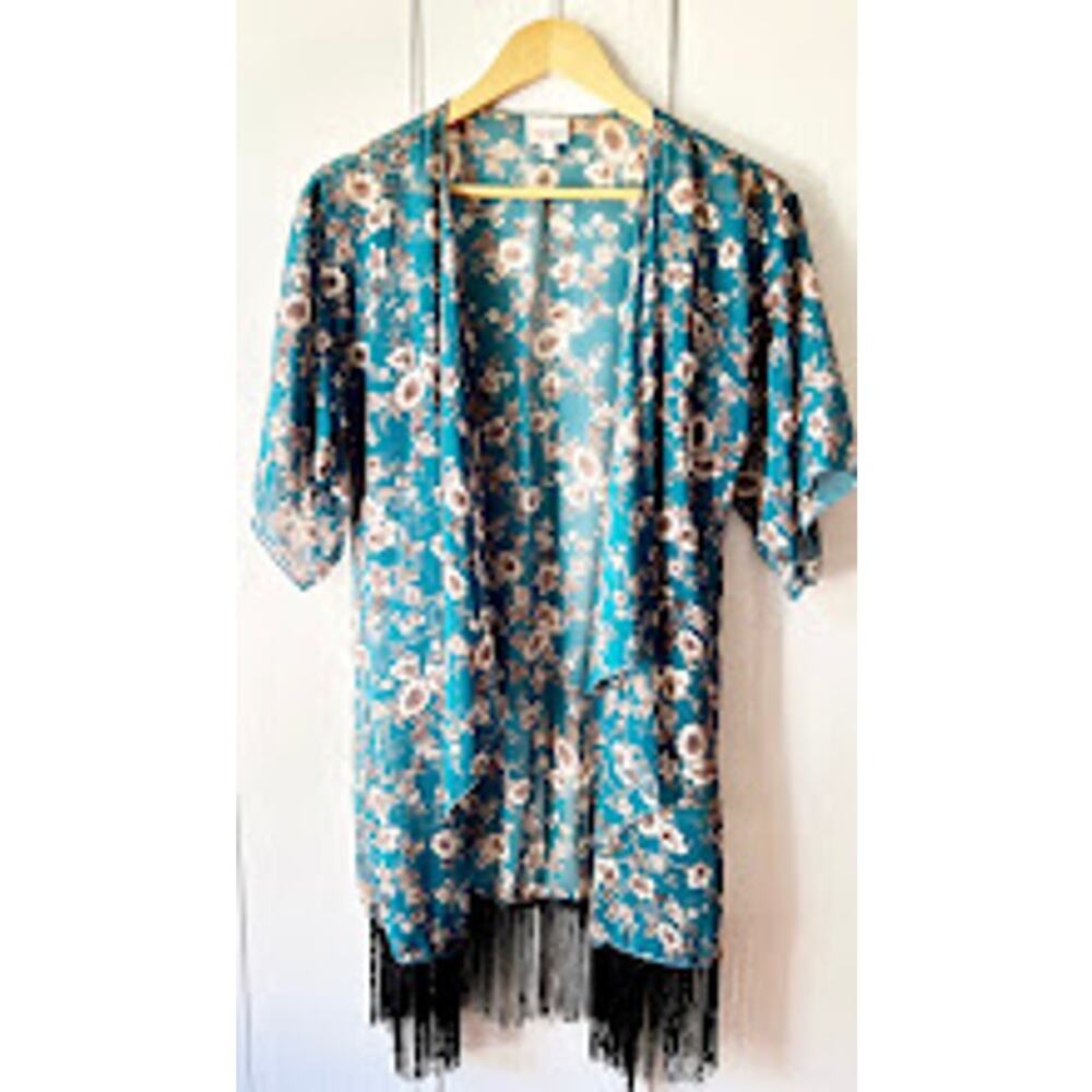 LuLaRoe blue floral kimono robe size small with fringe 3/4 sleeve semi sheer
